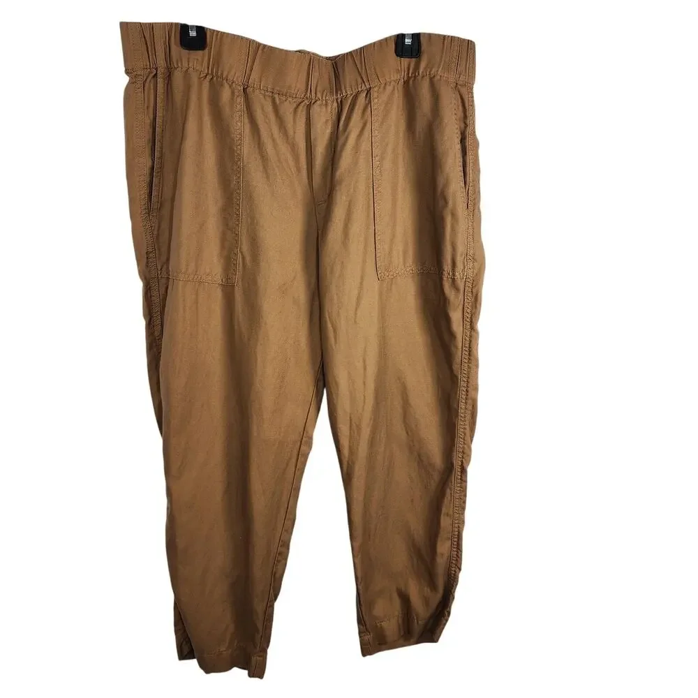 Banana Republic Women's Linen Blend Tapered Crop Pants Tan Pull On XL Pockets